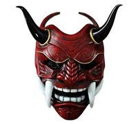 Oni Mask, 11x9.5" Latex Japanese Hannya Mask, Horror Scary Full Face Devil Samurai with Fangs and Ox Horn, Elastic Band for Halloween, Masquerade, Cosplay Props Red