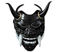 Oni Mask, Latex Japanese Hannya Mask, Scary Full Face Samurai with Fangs and Ox Horn, 11x9.5" Horror Devil with Elastic Band for Halloween, Masquerade, Cosplay Props, Black Devil