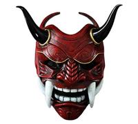 Oni Mask, Latex Japanese Hannya Mask, Scary Full Face Samurai with Fangs and Ox Horn, 11x9.5" Horror Devil with Elastic Band for Halloween, Masquerade, Cosplay Props, Red Samurai