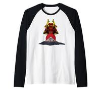 Oni Mask Rising with The Sun Over Legendary Mount Fuji Japan Raglan Baseball Tee