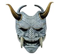 Oni Mask, Scary Full Face Samurai Mask with Fangs and Ox Horn, 11x9.5" Horror Devil with Elastic Band for Halloween, Masquerade, Cosplay Props, Masks for Kids