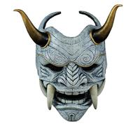 Oni Mask, Scary Full Face Samurai Mask with Fangs and Ox Horn, 11x9.5" Horror Devil with Elastic Band for Halloween, Masquerade, Cosplay Props, Masks for Kids