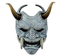 Oni Mask, Scary Full Face Samurai Mask with Fangs and Ox Horn, 11x9.5" Horror Devil with Elastic Band for Halloween, Masquerade, Cosplay Props
