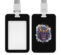 Oni Mask with Japanese Armor Sliding ID Badge Holder Vertical Clear Window Holders with Lanyard Key Card Work Clip for Office Company