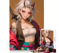 Oni Warrior Girl in Kimono 1000 Piece Jigsaw Puzzles for Adults Jigsaw Enhance Memory Gentle Leisure Firm Cut (38x52cm)