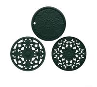 Oniissy 3pcs Round Silicone Placemats Retro Hollow Carved Heat Resistant Dining Table Mats Set for Hot Pots and Dishes with Non-Slip Waterproof Design(green)