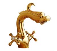 Oniissy Brass Dragon Shaped Bathroom Basin Faucet Double Cross Handle Water Saving Aerator Modern Farmhouse Polished Gold Finish Single Hole Mounting Hardware Vanity Sink