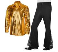 Oniissy Mens Glossy Shirt and Sequin Bell Bottom Pants 2PCS Suit Retro Hippie Disco Set,Mens Shiny,Shirt With Sequined Bell Bottoms For Retro Disco Nights Out(M Golden)