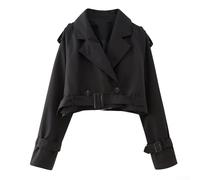 Oniissy Women Cropped Trench Jacket, Lightweight Polyester Women Long Sleeve-Design Loose Fit Outerwear, For Spring Autumn, Black Khaki-Light Grey Dark Brown (S Black)