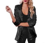 Oniissy Women's Evening Sparkle Sequins Open Front Long Sleeve Blazer Jacket Sparkly Loose Fit Outerwear Party Club Cocktail(M Black)
