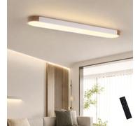 Oninio Modern LED Ceiling Light 90cm, 42W Dimmable Linear Flush Mount Lamp | White Iron and Wood Frame, Remote Control with Memory, 3000K-6000K Adjustable Colour for Living Room, Kitchen and Hallway