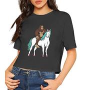 Onipa - Women Short Sleeve Crop Top T-Shirt Popular Bigfoot Sasquatch Riding Unicorn Loose Tops Blouse Black