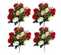 OnIUeZky 4 Bunches Cemetery Flowers for Grave, Fake Roses 11.8'' Artificial Flowers for Graves 12 Flower Heads Silk Memorial Flowers for Grave Vase Cemetery Decor Red
