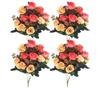 OnIUeZky Cemetery Flowers, 4 Bunches Artificial Roses 11.8'' for Graves, 12 Flower Heads Silk Memorial Decor, Orange