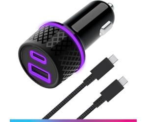 Oniverse Adaptateur allume cigare 60W, double port USB-C USB-A - Chargeur voiture Switch 2, Switch, OLED, Lite, PC, Android, 1.5 Mètre, Charge Intelligente GaN, Câble tressé détachable USB-C inclus