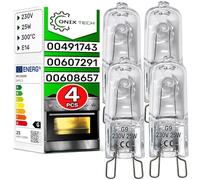 ONIX TECH 4 Pieces Oven Light Bulb Halogen Universal G9 25W 230V 300°С with the Original Code 00491743 00607291 00608657 for Bosch for Balay for Constructa for Siemens for Neff - Warranty 5 Years