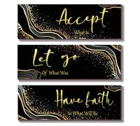 ONIZHITY 3 Pcs Large Black and Gold Bathroom Wall Decor Black Gold Wall Decor Accept Let Go Have Faith Black and Gold Bathroom Accessories Marble Style for Bedroom Living Room Office(Black Gold 16x5