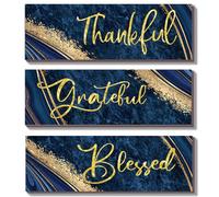 ONIZHITY 3Pcs Blue and Gold Bathroom Decor Blue Gold Wall Decor Thankful Grateful Blessed Quote Marble Style Versatile Gold Home Art for Motivation Girls Bedroom Living Room Office (12x4”)