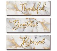 ONIZHITY 3Pcs White Gold Wall Art Thankful Grateful Blessed Quote Marble Style Versatile Home Art for Motivation Girls Bedroom Bathroom Living Room Office