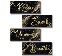 ONIZHITY 4 Pcs Black and Gold Bathroom Decor Black Gold Wall Decor Relax Soak Unwind Breathe Wooden Rustic Marble Style Bathroom Accessories for Bedroom Living Room Decor Kitchen(Black Gold 14X5.5)