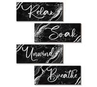 ONIZHITY 4 Pcs Black And Silver Bathroom Decor Wall Signs Relax Soak Unwind Breathe Wooden Rustic Marble Style Bathroom Accessories for Bedroom Living Room Kitchen Decoration(Black Silver 10X4")
