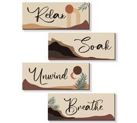 ONIZHITY 4 Pcs Boho Bathroom Decor with Relax Soak Unwind Breathe Relaxing Quotes Bohemian Wooden Hanging Wall Art Farmhouse Abstract Decoration for Bedroom Living Room Office (10X4 Inch)