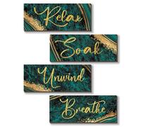 ONIZHITY 4 Pcs Large Green and Gold Wall Decor - Relax Soak Unwind Breathe Wood Rustic Marble Bathroom Accessories for Bedroom, Living Room, Office, Kitchen (Green Gold 14X5.5)