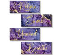 ONIZHITY 4 Pcs Purple and Gold Bathroom Decor Purple Gold Wall Decor Relax Soak Unwind Breathe Wooden Rustic Marble Style Bathroom Accessories for Bedroom Living Room Decor (10X4)