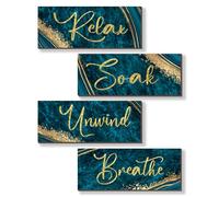 ONIZHITY 4 Pcs Teal and Gold Wall Decor - Relax, Soak, Unwind - Breathe Wooden Rustic Marble Style - Versatile Bathroom Accessories for Bedroom and Living Room Decor (Teal Gold 10X4)
