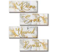 ONIZHITY 4 Pcs White & Gold Wall Decor - Relax & Unwind - Rustic Marble Style Bathroom Accessories for Bedroom & Living Room (White Gold 10X4)