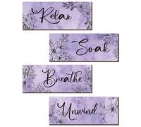ONIZHITY 4-Piece Purple Floral Wall Art - Wooden Decor with Relax Soak Unwind Breathe Positive Hanging Art for Women's Bedroom & Living Room (10x4 Inches)
