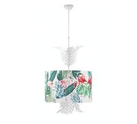 ONLI - Hanging lamp Flamingo with Fabric Shade with Tropical Prints on White Background. Diameter: 48 cm with Fern Bianco, Verde, Rosa