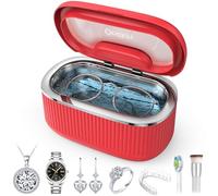 onlikin 45KHz Ultrasonic Jewelry Cleaner, 5 Timer & 3 Power Modes, 35W Retainer Cleaner for Jewelry, Eyeglasses, Rings, Watch Strap, Dentures - Quiet <38dB, 20oz, 304 Stainless Steel (Red)