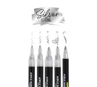ONLINE Set of 5 Acrylic Pens Silver I Strong Opaque Hand Lettering Set with Brush Pen, Fineliner, Calligraphy Pen & Markers I Metallic Acrylic Marker for DIY Projects I Paper, Glass, Wood, Stone
