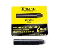 ONLINE standard ink cartridges, compatible with all common standard fountain pens, replacement cartridges for fountain pens and rollerballs, 6 pieces, colour black