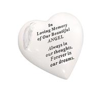 OnlineStreet Memorial Stone Heart Plaques Grave Ornaments - Personalised Grave Decoration White & Silver Plaques with Feather- Outdoor Memorial Plaques 15 x 15cm (Angel)