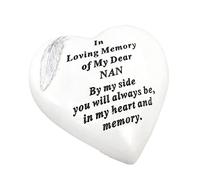 OnlineStreet Memorial Stone Heart Plaques Grave Ornaments - Personalised Grave Decoration White & Silver Plaques with Feather- Outdoor Memorial Plaques 15 x 15cm (Nan)