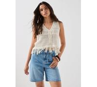 Only Alix Sleeveless Fringe Knit Waistcoat, Ecru/White, Size M, Women Ecru/White