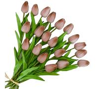 ONLY ART Artificial Brown Tulips 20 Pcs - 13.5 Inch PU Faux Flowers with Bendable Stems for Home Décor, Wedding Centerpieces, DIY Floral Arrangements, Table Decorations