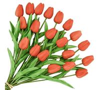 ONLY ART Artificial Burnt Orange Tulips 20 Pcs - 13.5 Inch PU Faux Flowers with Bendable Stems for Home Décor, Wedding Centerpieces, DIY Floral Arrangements, Table Decorations