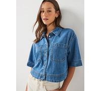 ONLY Women's Onlcleo Life Ss Crop DNM Shirt PIM Noos, Medium Blue Denim, L