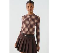 Only Elva Long Sleeve Mesh Tartan Cardigan, Brown, Size L, Women Brown