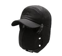 ONLY-HOT Winter Warm Trapper Hat Cozy Faux Fur Bomber Pilot Hat with Removable Mask, Earflap & Wide Brim Baseball Cap Trooper Hat Black