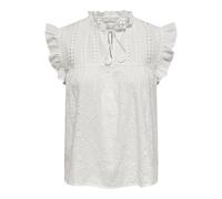 ONLY Ladies Ruffle Sleeve Broderie Embroidery Drawstring Neck Blouse, White, M