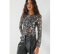 Only Long Sleeve Lace Sequin Top, Silver, Size L, Women Ilver