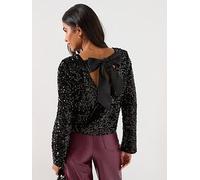 Only Long Sleeve Sequin Bow Top, Black, Size S, Women Black