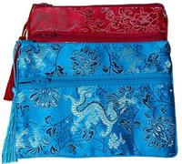 Only My Live Home 2pcs Large Silk Brocade Double Zipper Pouch Jewelry Storage Bags for Travel Cosmetic Makeup Packaging Cell Phone Purse (red and sky blue (pattern random))