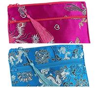 Only My Live Home 2pcs Tassel Travel Two Zipper Purse Jewelry Makeup Pouch Bags Chinese Silk Brocade Storage Bags Jewellery Cosmetic Cell Phone (fuchsia and sky blue (2 pcs Pattern Random))