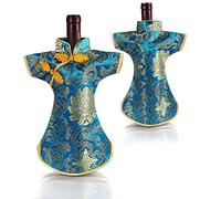 Only My Live Home Champagne Wine Bottle Cover Table Decoration Chinese Silk Brocade Fabric Red Wine Bottle Bags (fit 750ml bottle (High 11.4 W 7.9 inch, sky blue pattern random (5 pcs))