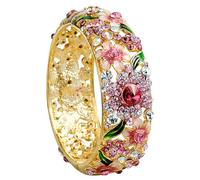 Only My Live Home Colored Wide Full Rhinestone Enamel Flower Bangle Bracelet, Cloisonne Ethnic Hinged Cuff Bracelets for Women Fashion Jewelry Gifts, diameter 2.36 inch wide 0.87 inch about, Cloisonne